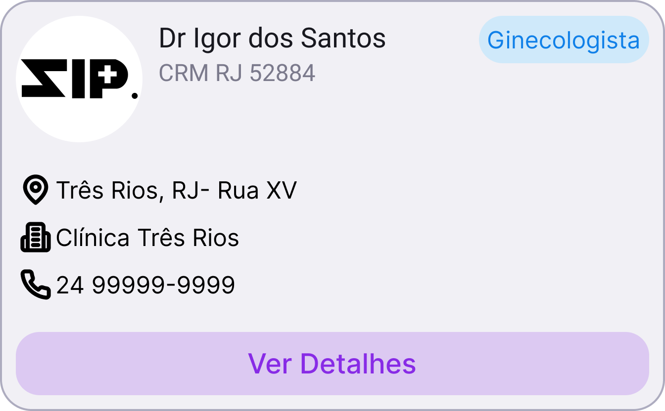 Imagem de um cartão de informações de um médico cadastrado no Zip Saúde